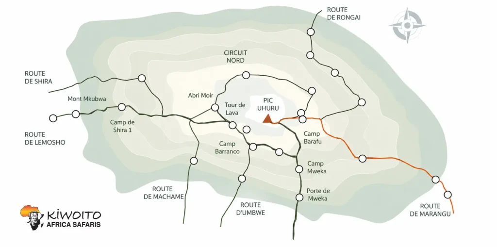 Kilimandjaro escalade machame, marangu, lemosho, rongai, shira, carte umbwe