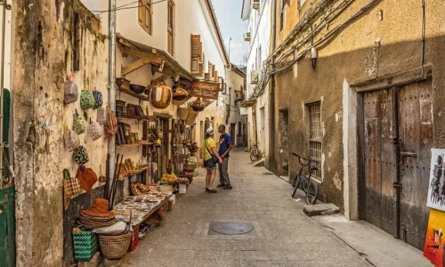 Touristes dans une ruelle étroite de Stone Town, Zanzibar