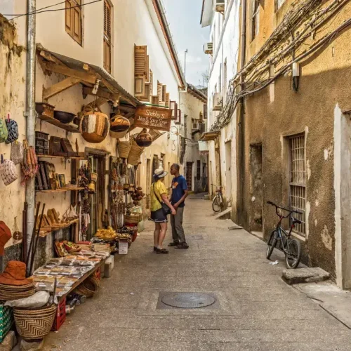 Touristes dans une ruelle étroite de Stone Town, Zanzibar