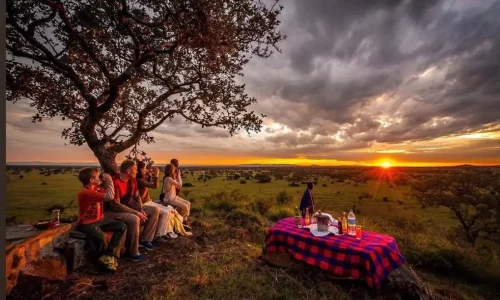 voyageurs admirant un coucher de soleil africain dans le parc national du serengeti lors d’un safari en famille avec kiwoito africa safaris
